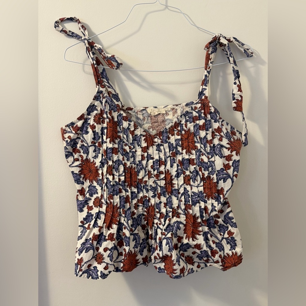 Let Me Be Anthropologie Floral Print Summer Cotton Tie Blouse Sz L